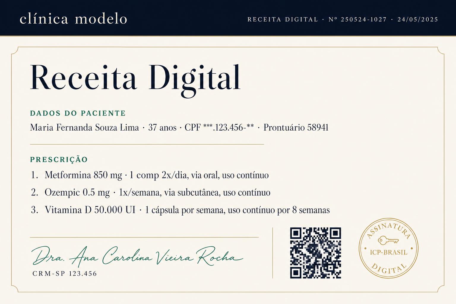 Tela de prescrição digital com QR Code, envio ao paciente e impressão